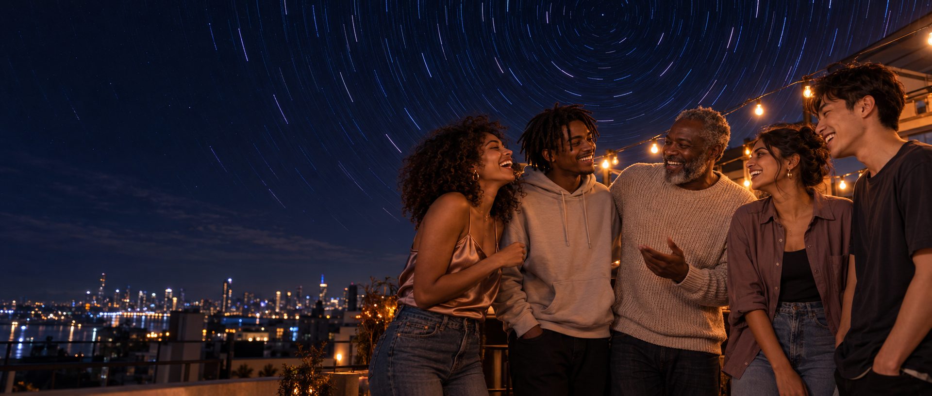 A group of friends laughing together on a city rooftop at night under a star-trail sky